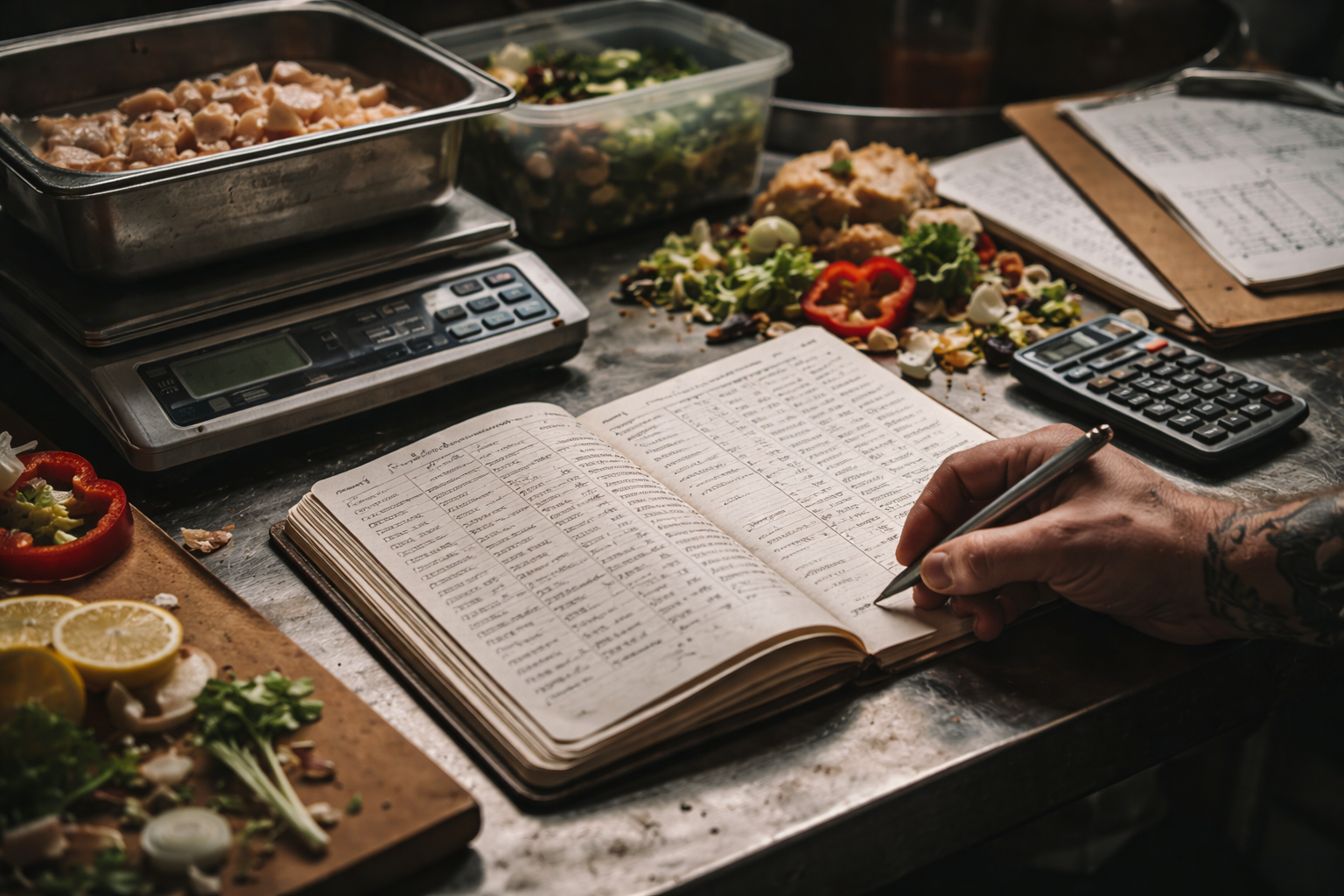 A close-up, gritty shot of a chef’s stained prep table with an open inventory ledger, a digital scale, and scraps of vegetable waste.]
