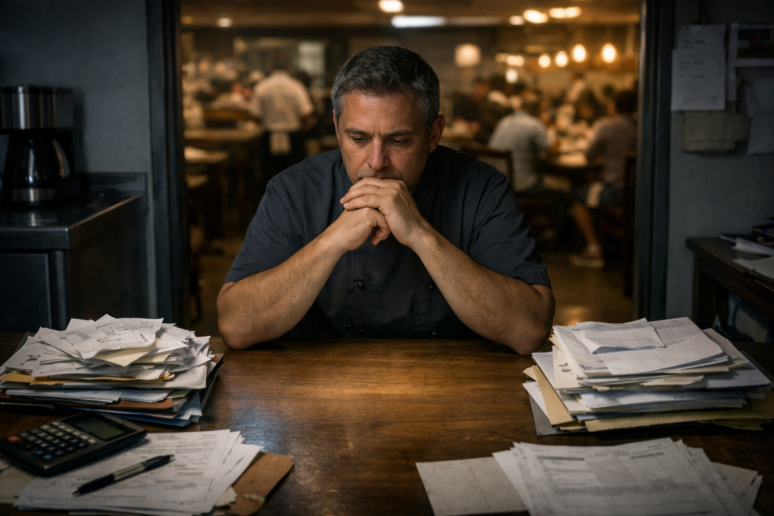 A stressed chef looking at a long line of printed order tickets in a dimly lit kitchen