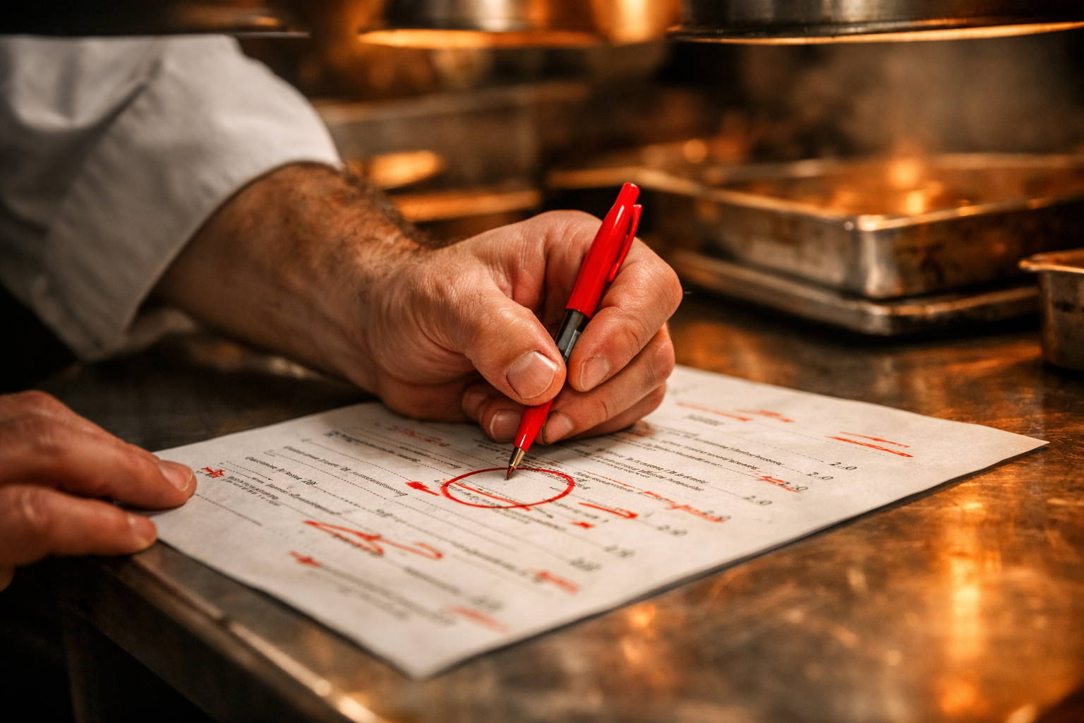 A close-up, gritty shot of a chef's hand marking up a menu draft with a red pen under harsh kitchen heat lamps.