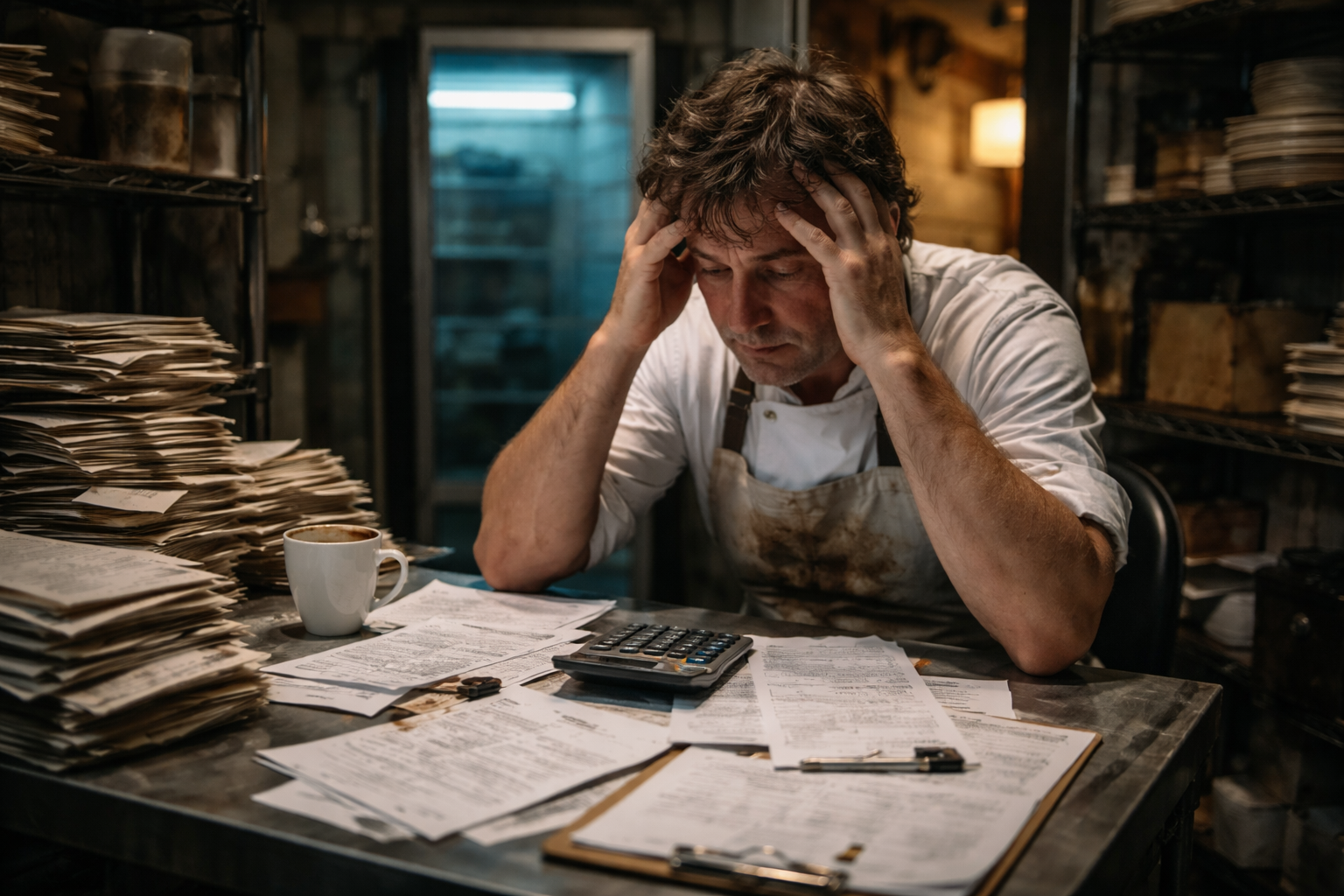 Tired chef in a cramped restaurant office at night, head in hands, surrounded by stacks of invoices and food cost paperwork under harsh mixed lighting.