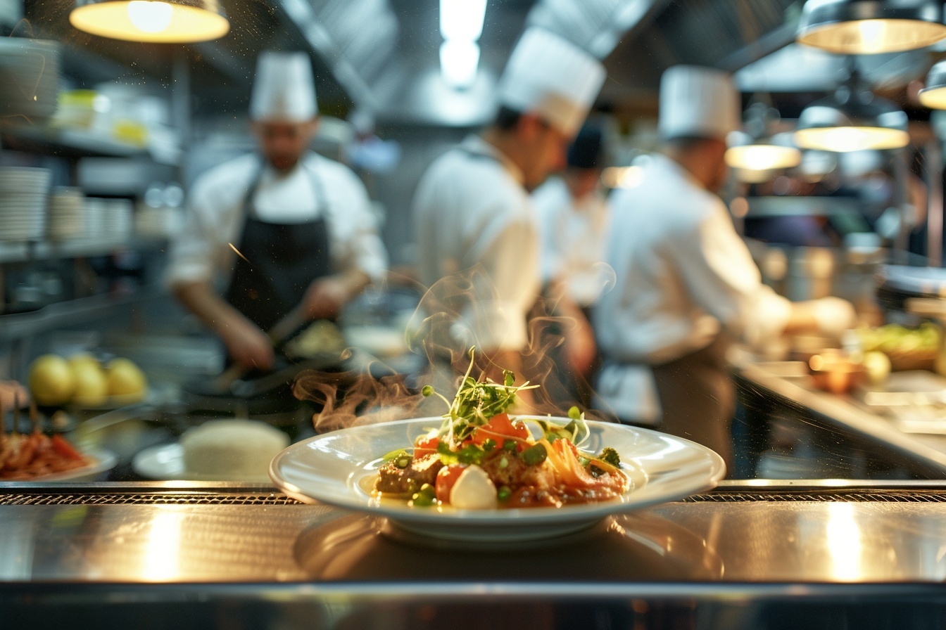 A busy restaurant expo pass with a high-end signature dish waiting for pickup under warm heat lamps