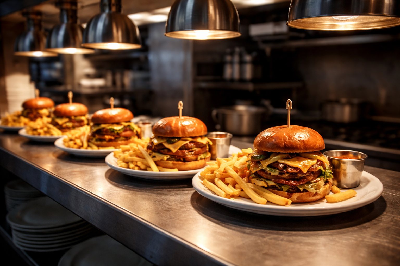A busy kitchen pass with several plates of burgers and fries ready for pickup under warm heat lamps