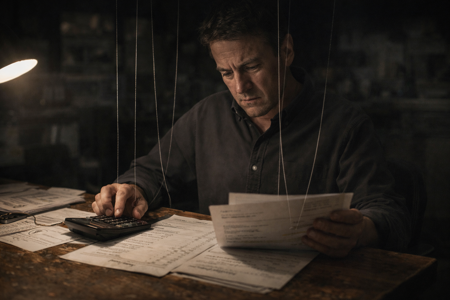 Restaurant owner sitting alone in a dim back office reviewing invoices and using a calculator, with faint puppet strings attached to his wrists, symbolizing hidden financial pressures and lack of control.