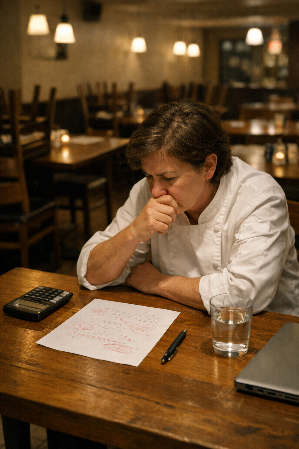 Restaurant owner sitting alone at a wooden table in a dim, closed dining room, leaning forward thoughtfully while studying a marked-up sheet of paper, with a calculator, pen, glass of water, and closed laptop on the table; chairs are stacked in the softly lit background.
