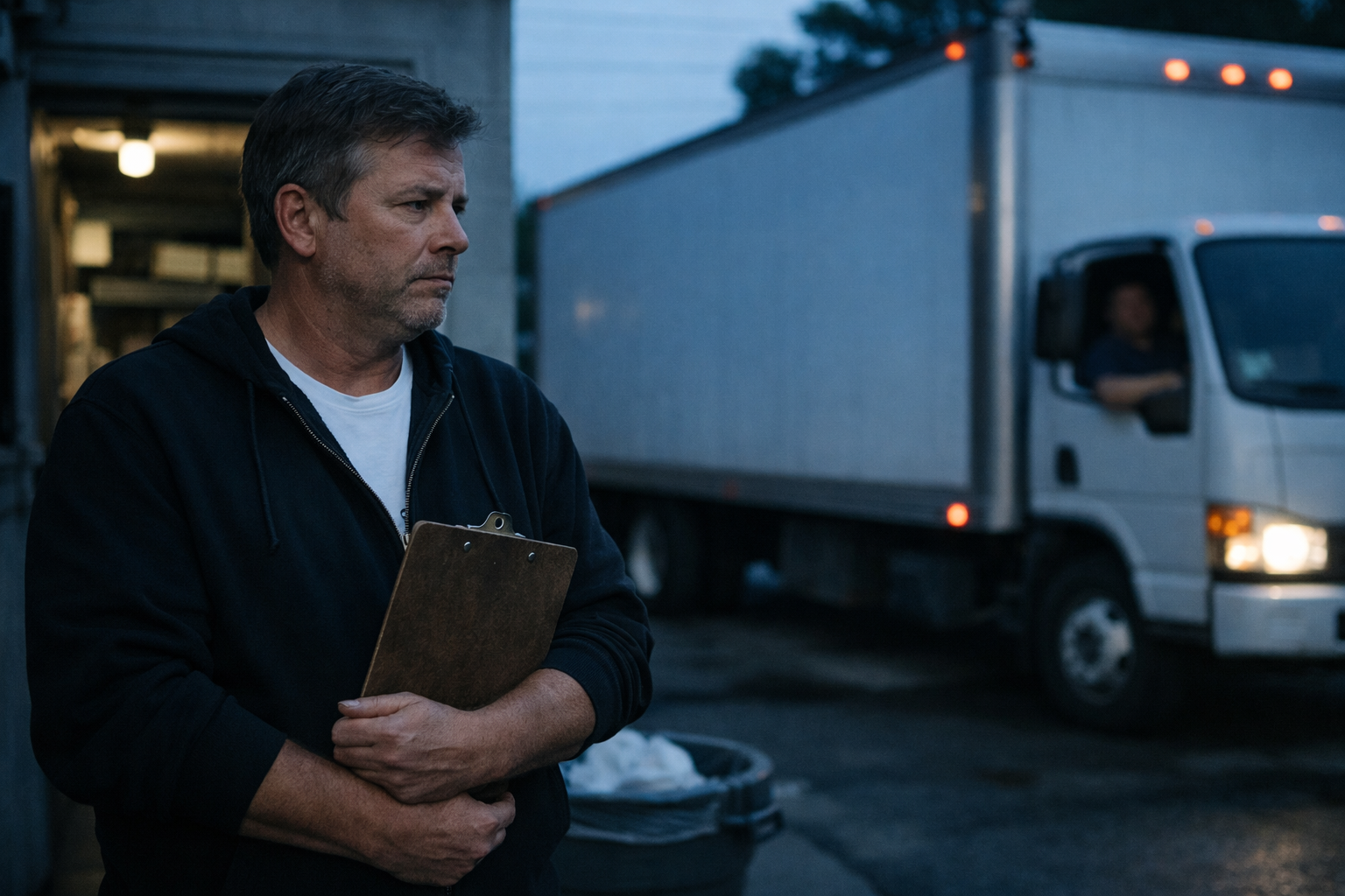 Restaurant owner standing outside a back entrance at dawn, holding a clipboard and staring skeptically at an unmarked delivery truck while the driver sits blurred inside the cab; overcast light and muted tones create a tense, early-morning negotiation atmosphere.
