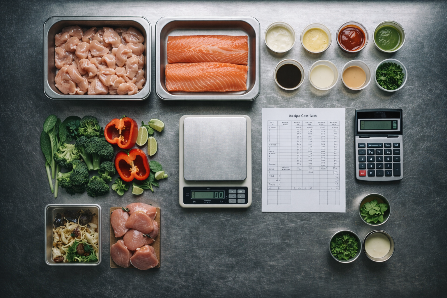 Overhead view of a stainless steel restaurant prep table arranged neatly like a financial portfolio, featuring raw proteins, fresh vegetables, small sauce cups, a digital kitchen scale at center, a printed recipe cost sheet, and a calculator under cool fluorescent lighting.