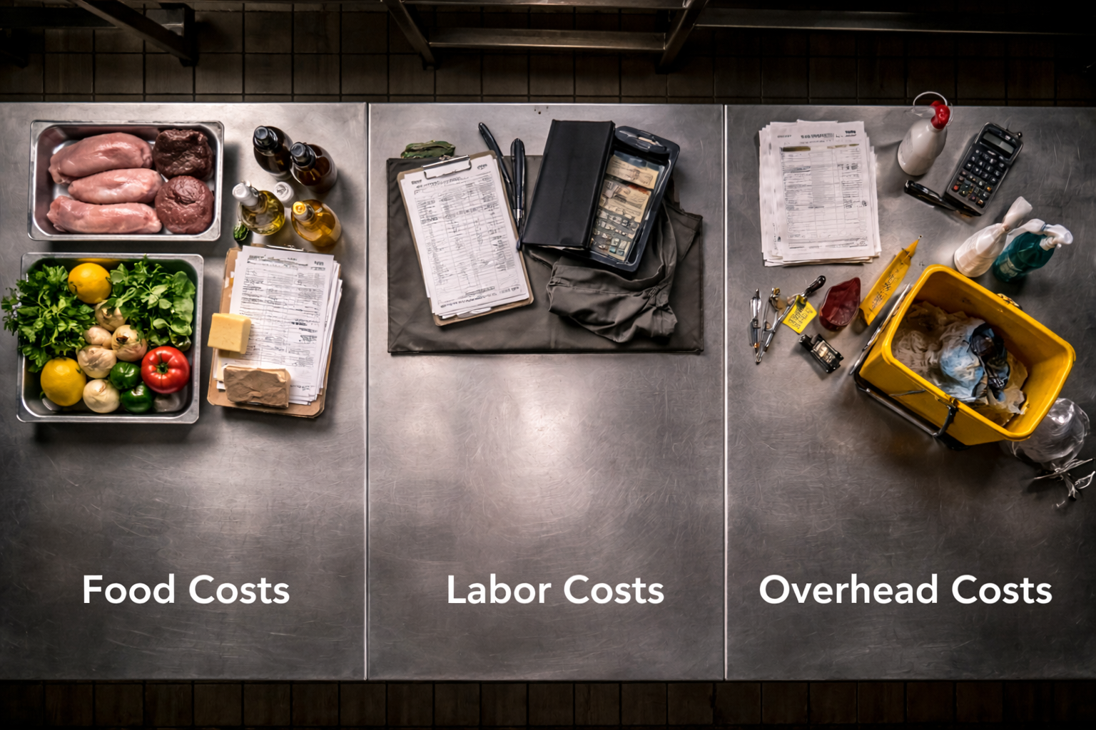 Overhead, documentary-style photograph of a stainless steel restaurant prep table divided into three equal vertical sections: the left third filled with raw ingredients and food invoices, the center third with a server book, time sheets, and kitchen tools, and the right third with cleaning supplies, utility paperwork, and a calculator—visually representing food cost, labor, and overhead.