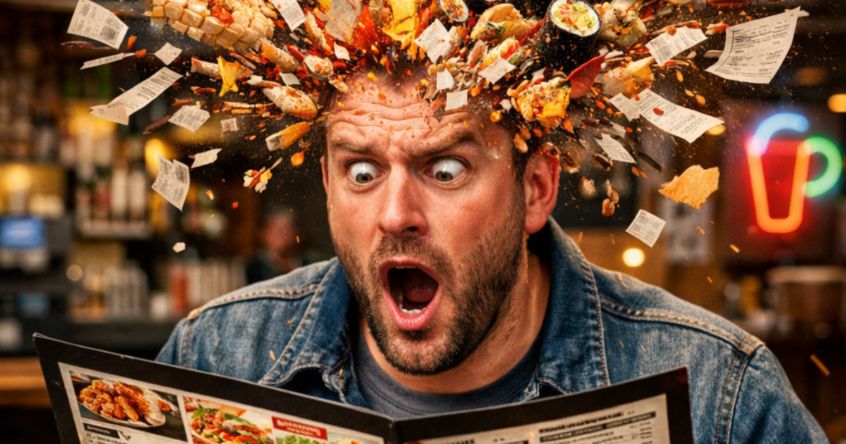 Man sitting in a busy restaurant holding an oversized menu, eyes wide in shock, as his head bursts open in a dramatic explosion of flying food, paper receipts, flames, and smoke—symbolizing overwhelming choice and decision overload.