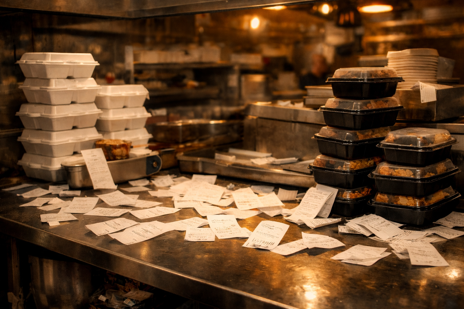 A chaotic stainless steel restaurant prep station during dinner rush, stacked with takeout containers and scattered printed order tickets under harsh kitchen lighting.