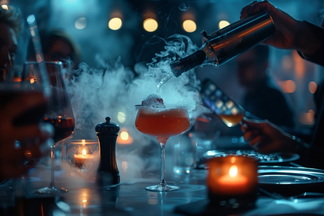Server pouring liquid nitrogen into a premium cocktail at a dimly lit upscale restaurant while guests watch and film the dramatic presentation.