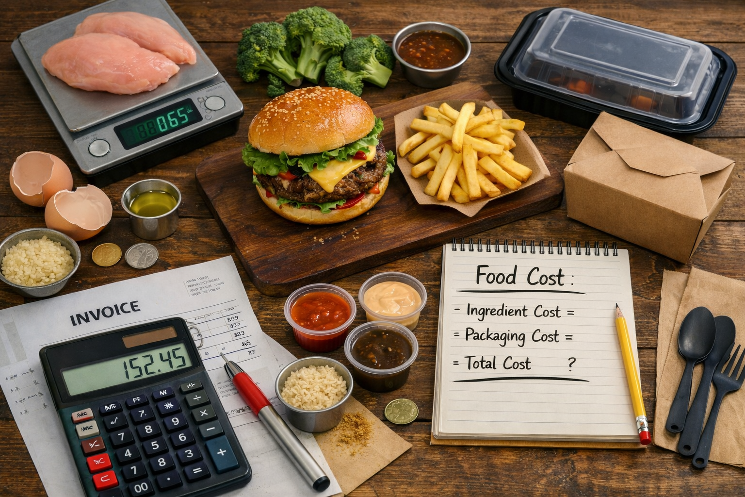 Overhead photo of a cheeseburger and fries on a wooden board surrounded by raw ingredients, takeout containers, sauces, an invoice with a calculator, and a notepad labeled “Food Cost” listing ingredient, packaging, and total cost.